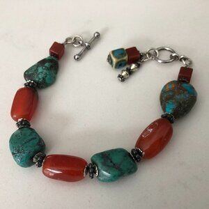 Vintage Semi-Precious Hand Crafted Gemstone Bracelet w Silver Toggle Clasp Sz OS